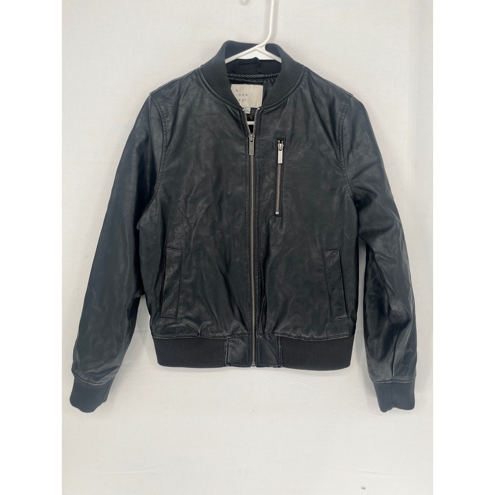 A New Day Womens Faux Leather Bomber Jacket Black Full Zip Size S Pockets